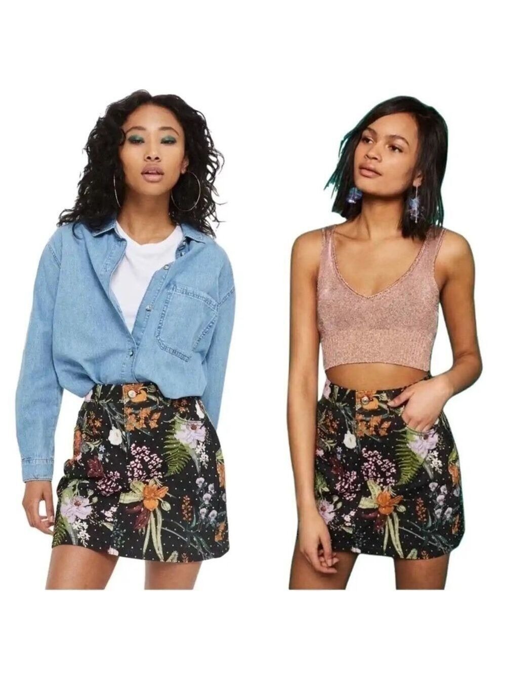 Nwt Topshop Moto Women’s black floral crystal denim Jean mini skirt 2